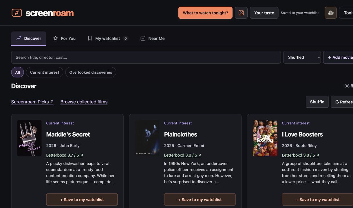 Screenroam’s Discover view with film posters, ratings, synopses, and buttons to save movies to a watchlist.